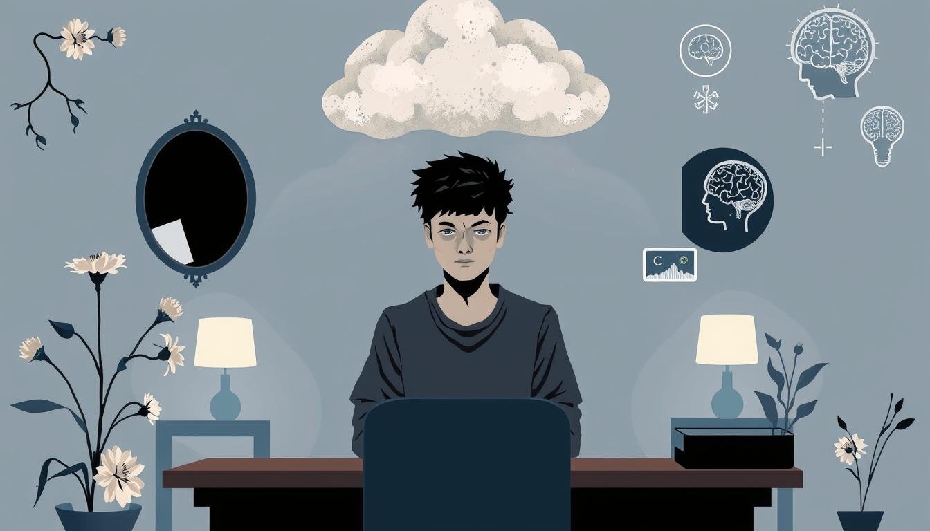 A thoughtfully composed illustration depicting the symptoms and diagnosis of depression. In the foreground, a somber figure in modest casual clothing sits at a desk, with a visibly contemplative expression. Surrounding them are symbolic representations of depression, such as a dark cloud overhead, wilting flowers, and fragmented mirrors, conveying feelings of hopelessness and self-reflection. In the middle ground, a serene but dimly lit therapy office can be seen, with soft lighting that creates a calming ambiance. In the background, subtle imagery of medical and psychological symbols, like brain scans and mood charts, is integrated into the surroundings. The overall atmosphere is one of introspection and quiet resilience, aiming to evoke empathy and understanding of the condition.