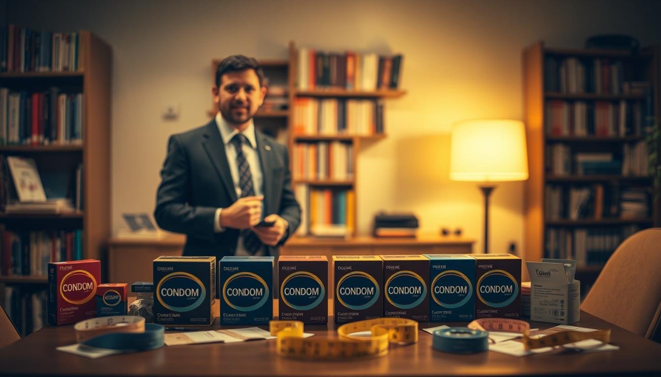 A cozy and informative setting showcasing a 'condom size selection guide'. In the foreground, a neatly arranged table with a variety of condom boxes, each labeled with different sizes, surrounded by measuring tape and other educational tools. The middle ground features a well-dressed professional, explaining the importance of proper fit, dressed in smart business attire, standing beside the table with a friendly, approachable demeanor. Soft, warm lighting creates a welcoming atmosphere, enhancing the cinematic vibe. In the background, a blurred bookshelf filled with health and wellness literature, suggesting a focus on education and personal well-being. The overall mood is intimate and informative, emphasizing the importance of safe practices in a respectful and educational manner, with a 4:3 aspect ratio.