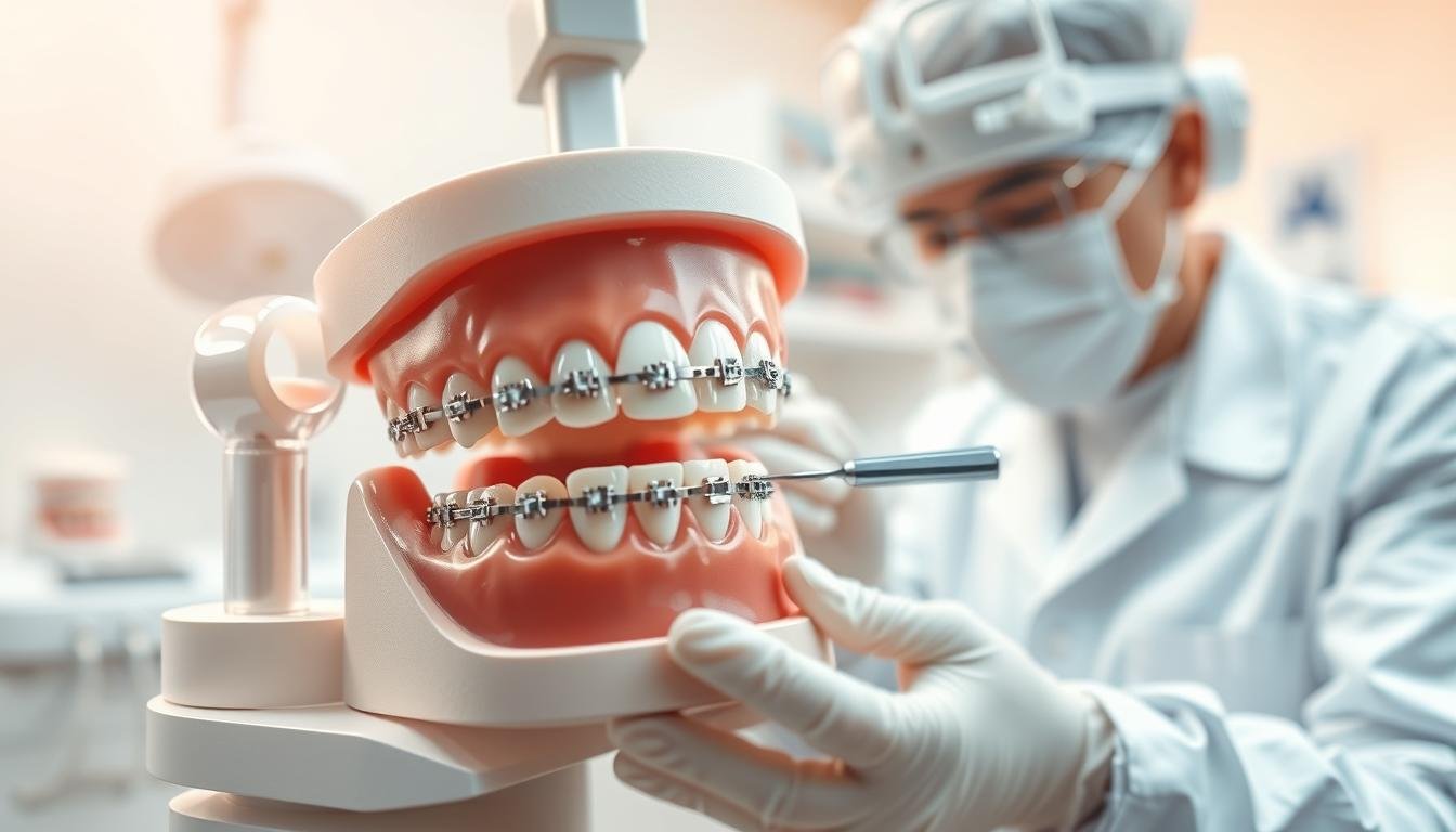A detailed illustration depicting the connection between orthodontic technology and gum health, focusing on the effects of braces on gum recession. In the foreground, feature a close-up of a dentist examining a patient’s teeth with braces, wearing a white lab coat and protective gear. The middle ground should display dental tools and an informative model of teeth and gums, highlighting the orthodontic process. In the background, create a calming clinic environment with soft, natural lighting, enhancing the clinical yet caring atmosphere. Use a shallow depth of field to emphasize the dentist’s expertise and the intricate details of the dental anatomy. Aim for a warm, professional mood that conveys trust and knowledge in dental health.