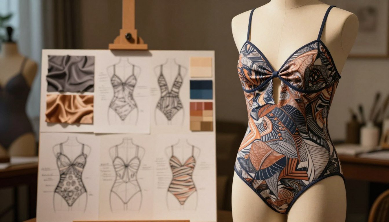 A sophisticated design showcase focusing on swimwear patterns that complement body curves, highlighting artistry and functionality. In the foreground, display a mannequin dressed in an elegant, well-tailored swimsuit, emphasizing the contours and lines that mirror the human form. The middle ground features design sketches and fabric samples, reflecting the intricate craftsmanship behind swimwear design. In the background, soft lighting enhances the intimate atmosphere, creating a cozy, artistic studio environment. The scene is captured in a cinematic style with a warm color palette, using a 50mm lens to create a slight bokeh effect on the background, ensuring focus on the design elements. The overall mood is one of elegance and creativity, portraying the aesthetic principles of swimwear design.