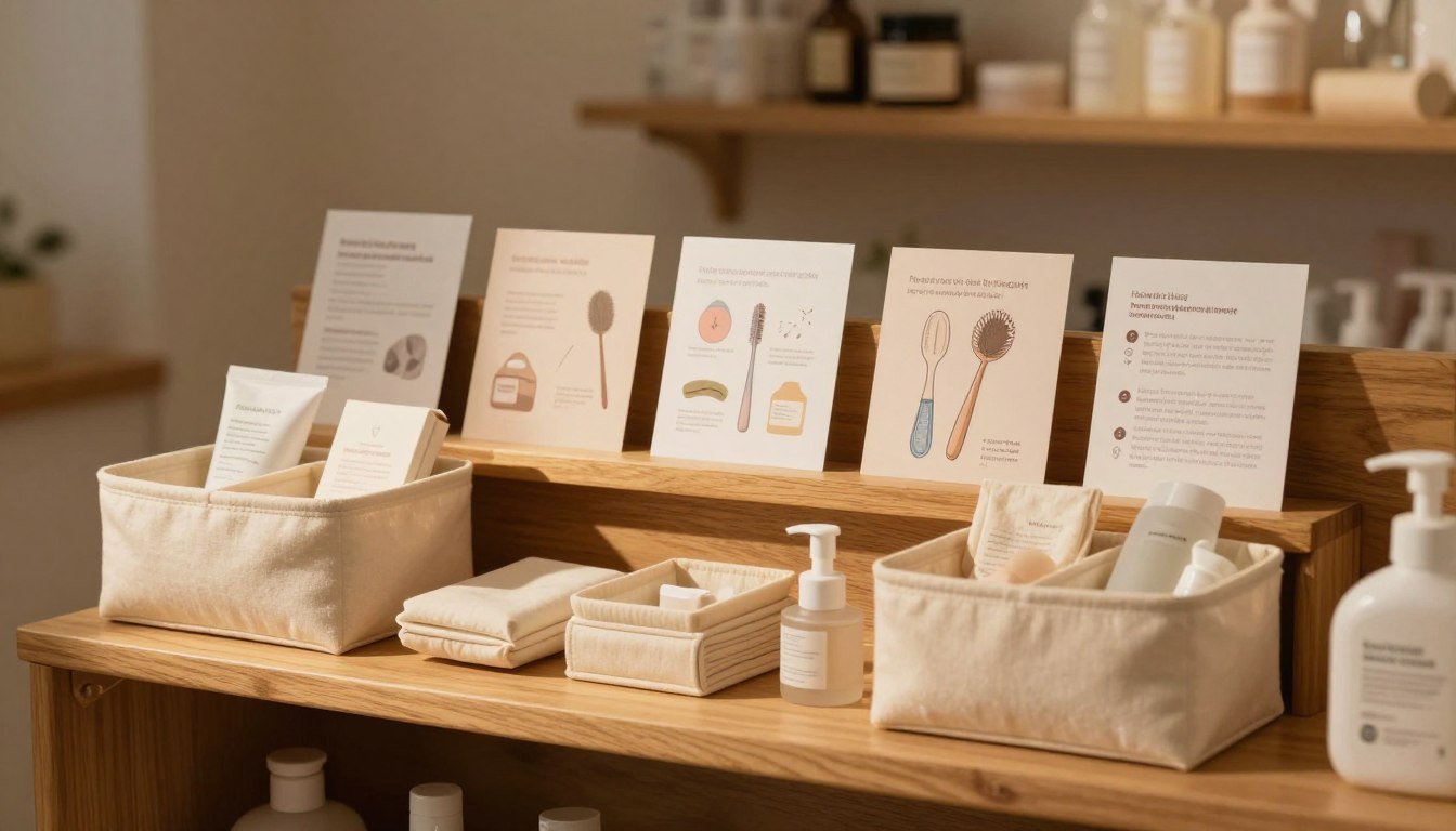 A well-organized and visually appealing display of various intimate products arranged on a elegantly designed wooden shelf. In the foreground, a selection of items showcases their proper storage methods, such as neatly placed in soft fabric organizers. The middle layer features illustrated care instructions, like cleaning tools and maintenance tips, artistically displayed. The background includes a softly blurred shelf of related accessories, creating a cozy and intimate atmosphere. The scene is illuminated with warm, inviting lighting, casting gentle shadows that enhance the details. The overall candid mood evokes a sense of care and affection, with a romantic ambiance suitable for a couple's environment. The image should have a 4:3 aspect ratio, emphasizing clarity and focus on storage and maintenance techniques.