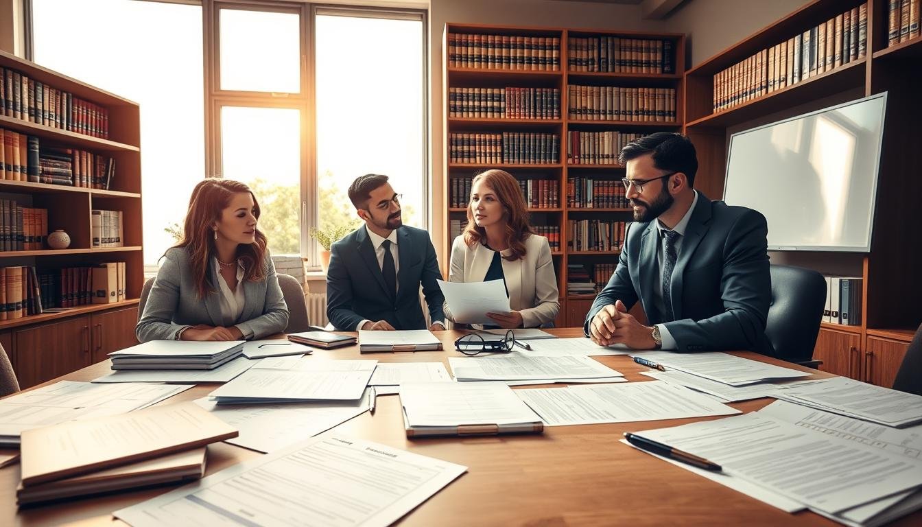 A detailed office workspace focused on the process of establishing a company, featuring a large, open desk with neatly organized paperwork, including legal documents, company formation applications, and compliance checklists. In the foreground, a diverse group of three professionals—two men and one woman—are engaged in a discussion, all wearing professional business attire. The middle layer displays shelves filled with law books and business guides, creating an academic atmosphere. In the background, there's a large window letting in warm, natural light that casts soft shadows across the room. The overall mood is focused and collaborative, emphasizing the complexity and importance of understanding legal requirements in the company formation process.