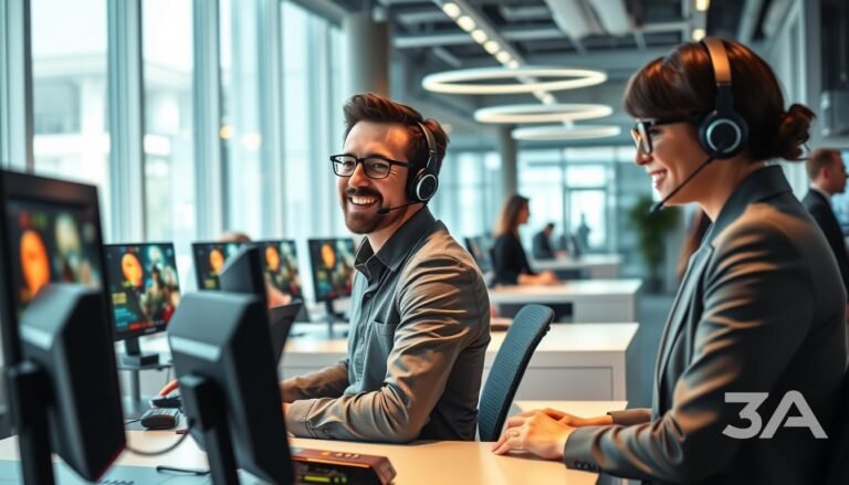 A modern customer service center for "3A" entertainment, featuring a sleek, professional environment where a diverse group of customer service agents interact with clients. In the foreground, a friendly male and female agent are assisting a customer at a high-tech desk with multiple screens displaying vibrant gaming graphics. The middle ground showcases an office layout with additional agents communicating through headsets, adorned with stylish business attire. The background reveals a bright, open space with large windows letting in natural light, highlighting a clean and inviting atmosphere. The lighting is warm and professional, enhancing the sense of efficiency and friendliness. The composition should evoke a sense of trust and reliability in the customer service experience.