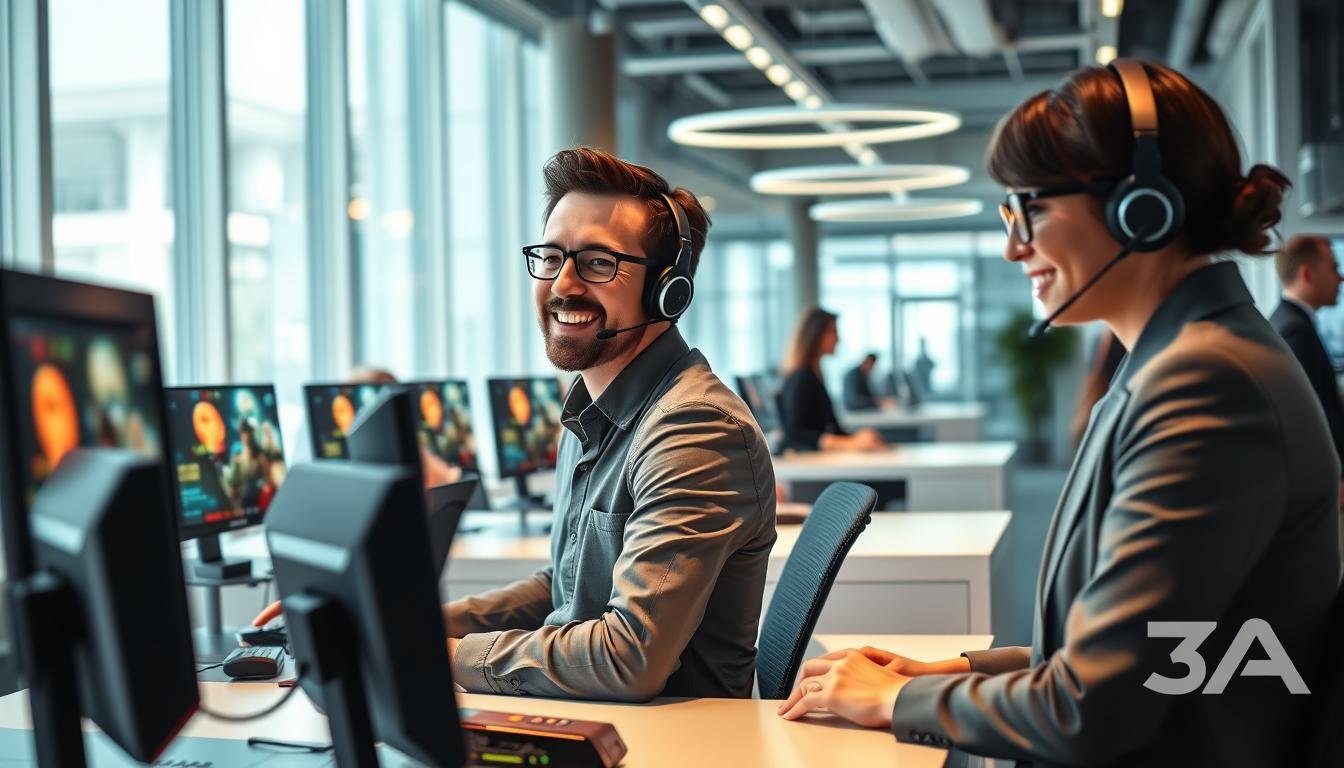 A modern customer service center for "3A" entertainment, featuring a sleek, professional environment where a diverse group of customer service agents interact with clients. In the foreground, a friendly male and female agent are assisting a customer at a high-tech desk with multiple screens displaying vibrant gaming graphics. The middle ground showcases an office layout with additional agents communicating through headsets, adorned with stylish business attire. The background reveals a bright, open space with large windows letting in natural light, highlighting a clean and inviting atmosphere. The lighting is warm and professional, enhancing the sense of efficiency and friendliness. The composition should evoke a sense of trust and reliability in the customer service experience.