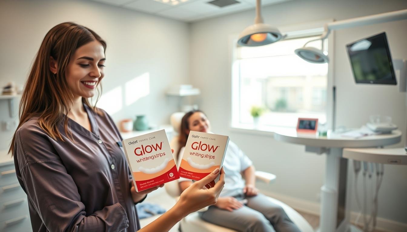 A professional dental clinic setting featuring a bright, modern treatment room designed for cosmetic procedures. In the foreground, a dental hygienist, wearing modest professional attire, is demonstrating the Glow Smile whitening strips, showcasing them in a well-lit environment, their pristine packaging highlighting the product's vibrant colors. In the middle, a patient sits in a dental chair with a relaxed yet inquisitive expression, examining the whitening strips with curiosity. Background elements include sleek dental tools, a large window allowing soft natural light to fill the room, and calming decor that conveys a sense of care and trust. The atmosphere is bright and inviting, focusing on dental health and aesthetic enhancement. No text or branding present.
