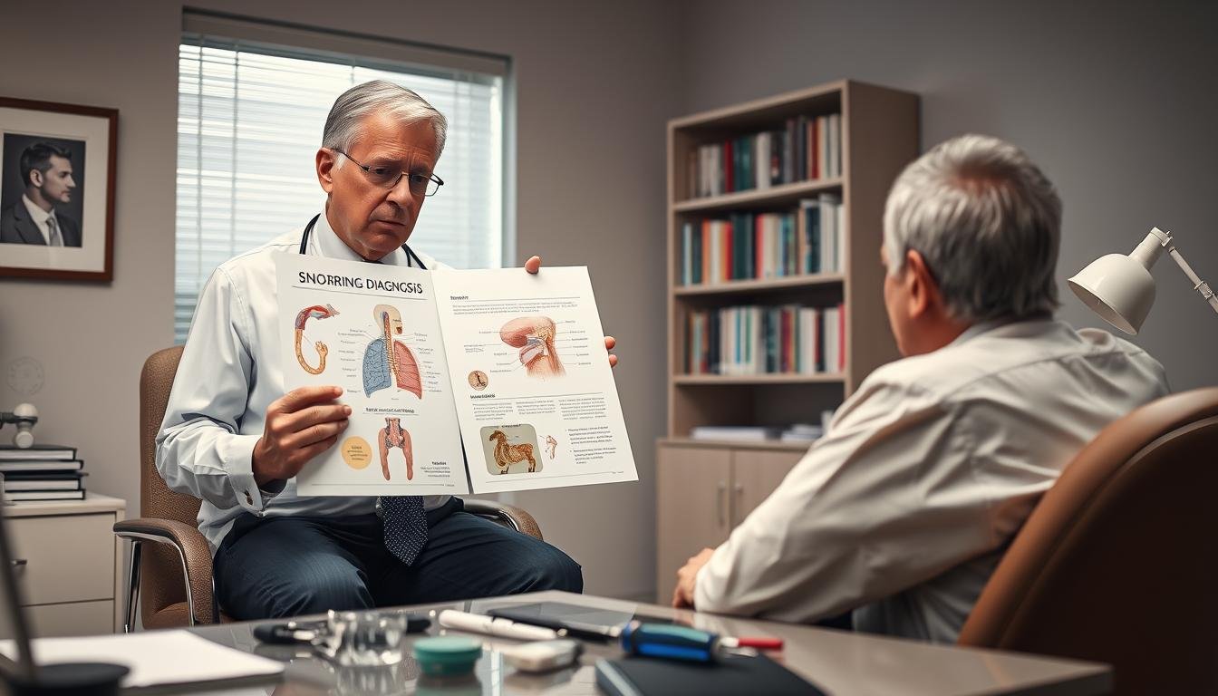 A serene, well-lit doctor's office scene vividly portraying a professional consultation regarding snoring diagnosis. In the foreground, a middle-aged doctor in smart business attire is examining a detailed chart labeled "Snoring Diagnosis," which illustrates nasal and throat blockages. The doctor appears focused and approachable, speaking to a patient seated in a comfortable chair. In the middle ground, various medical tools related to respiratory examinations are neatly arranged on a desk, adding to the clinical atmosphere. The background features calming colors and soft lighting that evoke a sense of trust and professionalism, with a bookshelf filled with medical literature. The overall mood is serious yet reassuring, emphasizing the importance of accurate diagnosis in understanding the causes of snoring.