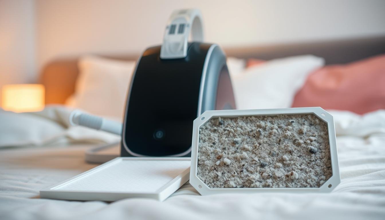A close-up view of a sleep apnea machine with a focus on its filtration system, highlighting the importance of the filter in maintaining clean air for the user. In the foreground, showcase a neatly placed, clean filter next to the machine, emphasizing its intricate design and the buildup of dust on a used filter. In the middle, position the sleek sleep therapy device, with a soft glow from an overhead light illuminating its contours, suggesting a calm nighttime environment. In the background, gently blurred, a cozy bedroom setting with soft colors conveys tranquility. Use a shallow depth of field to draw attention to the filter, creating a serene atmosphere that highlights the necessity of regular maintenance for health.