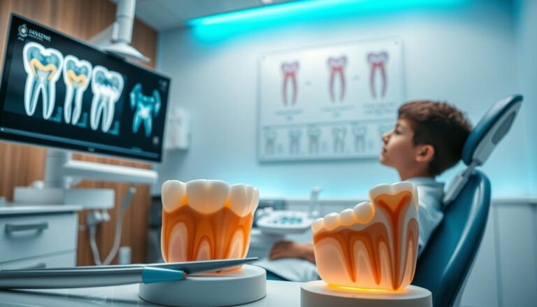 A detailed dental examination room, featuring a young patient sitting comfortably in a modern dental chair, a dentist wearing professional attire examining an X-ray on a screen. In the foreground, close-up on the dental tools and a model of a tooth with visible root structures. The middle ground focuses on the dentist's thoughtful expression, reflecting concern and professionalism. In the background, a wall display showing diagrams of dental root development and treatments, softly illuminated by overhead lights creating a calming atmosphere. The image should convey the seriousness and importance of addressing dental issues like "杜牙根問題" in adolescents, with a warm yet clinical ambiance.