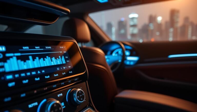 A high-tech car audio system featuring sleek modern components, showcasing advanced sound enhancing technology. In the foreground, a detailed close-up of a digital interface displaying equalizer settings and sound quality metrics, illuminated with soft blue lighting. The middle section captures the interior of a luxurious car with plush leather seats and ambient lighting, emphasizing a comfortable listening experience. In the background, the car window shows a blurred cityscape at night, reflecting the vibrant energy of urban life. The overall mood is sophisticated and dynamic, highlighting the harmony between cutting-edge technology and exceptional audio quality, perfect for streaming music like Spotify in a lossless format.
