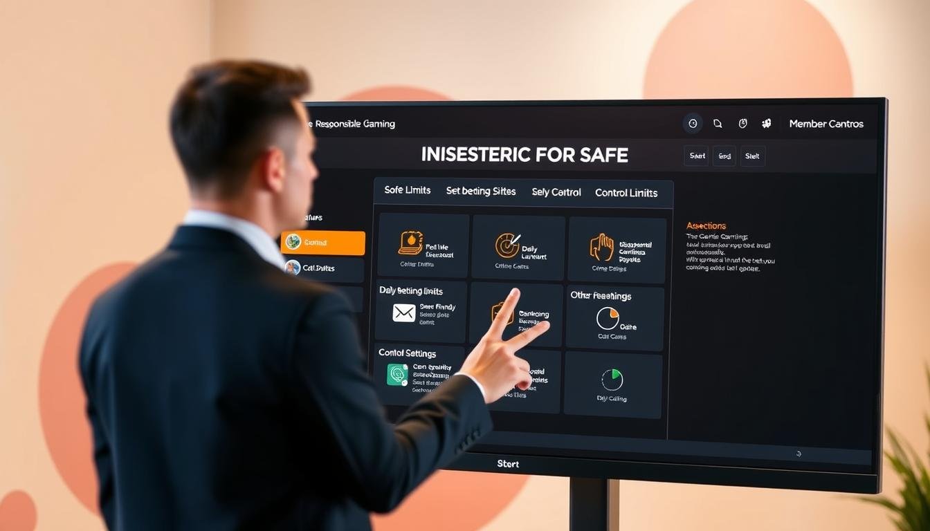 A modern and sleek member center interface for an online gaming platform, depicting various responsible gaming tools prominently displayed on a high-tech computer screen. In the foreground, a professional figure, dressed in smart casual attire, is interacting with the interface, showcasing features like daily betting limits and other control settings. The middle of the scene highlights informational graphics and icons representing user-friendly tools for setting gambling limits. The background features a subtle blend of soft colors and abstract shapes, creating an inviting and safe atmosphere. The lighting is warm and bright, emphasizing a sense of community and safety. The composition should have a slight depth of field effect, focusing on the interface while softly blurring the background elements to enhance the professional tone.