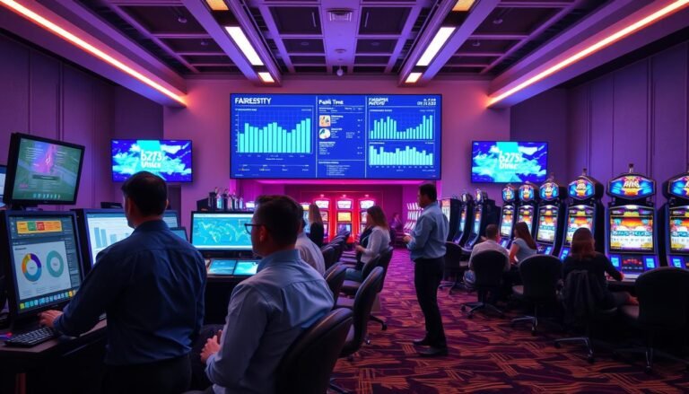 A modern and sophisticated game testing facility focused on ensuring fairness and safety in a casino environment. In the foreground, a team of professionals in business casual attire examines gaming machines and software on computers, displaying concentration and determination. In the middle, a sleek, high-tech monitoring system shows data analytics in real time, with charts and graphs illustrating game fairness metrics. The background reveals a well-lit room with soundproof panels and multiple gaming stations, featuring vibrant, yet calm lighting to create an atmosphere of professionalism and trust. The overall mood conveys an air of vigilance and assurance, emphasizing the commitment to quality and reliability in gaming experiences.