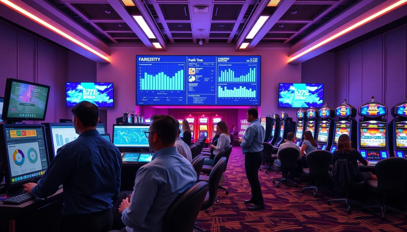 A modern and sophisticated game testing facility focused on ensuring fairness and safety in a casino environment. In the foreground, a team of professionals in business casual attire examines gaming machines and software on computers, displaying concentration and determination. In the middle, a sleek, high-tech monitoring system shows data analytics in real time, with charts and graphs illustrating game fairness metrics. The background reveals a well-lit room with soundproof panels and multiple gaming stations, featuring vibrant, yet calm lighting to create an atmosphere of professionalism and trust. The overall mood conveys an air of vigilance and assurance, emphasizing the commitment to quality and reliability in gaming experiences.
