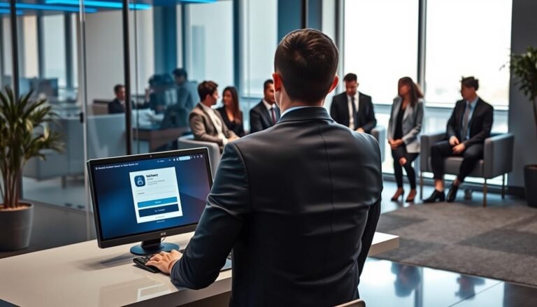 A professional and secure office environment depicting the "3A Entertainment Member Security Mechanism". In the foreground, a well-dressed individual, representing a member services agent, sits at a sleek modern desk, focused on a computer screen displaying a secure login interface. In the middle ground, there's a stylish waiting area with soft seating, where a diverse group of individuals in business attire are discussing their account security concerns discreetly. The background features large glass windows allowing natural light to minimize harsh shadows, enhancing a sense of trust and transparency. Subtle blue lighting adds a calming atmosphere. Overall, the image conveys professionalism, security, and a commitment to customer service in handling sensitive account-related matters.