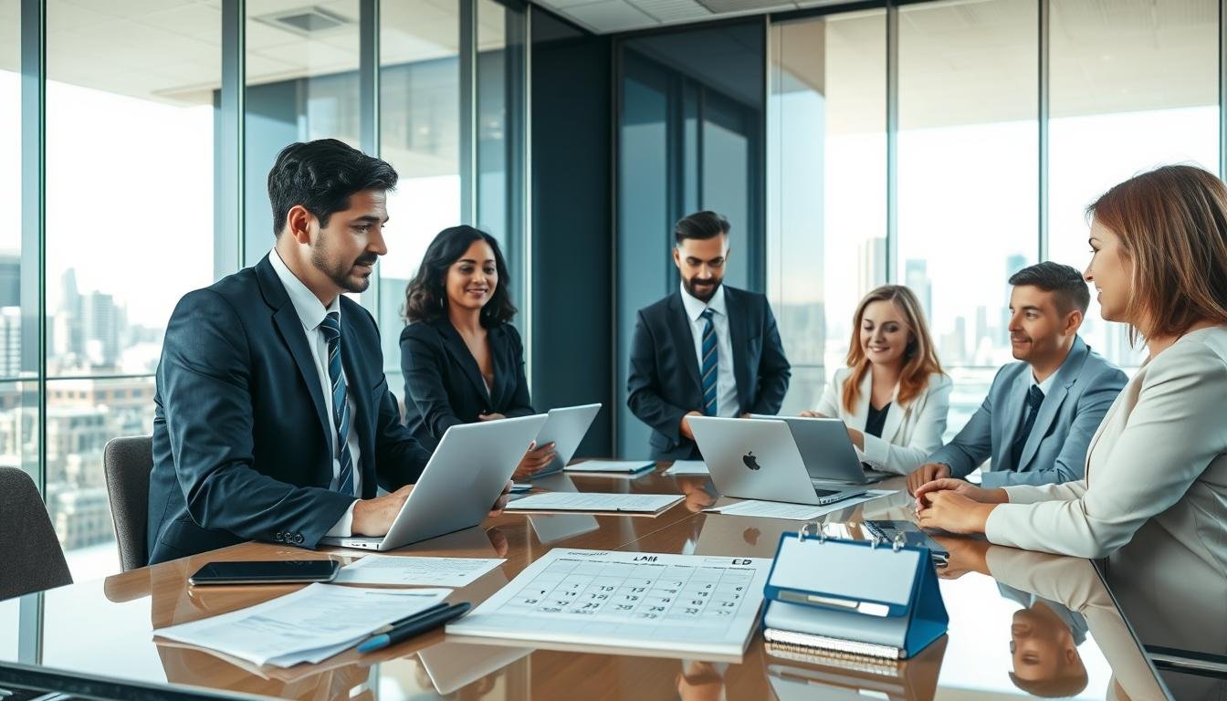 A professional and well-organized office setting depicting the advantages of corporate secretary services in arranging an Annual General Meeting (AGM). In the foreground, a diverse group of business professionals in formal attire, including men and women of various ethnic backgrounds, are engaged in a strategic meeting around a modern conference table, with laptops and documents spread out. The middle ground features a large calendar marked with key dates for the AGM, alongside legal documents and notes. In the background, a sleek glass wall reveals a cityscape, with bright natural light flooding the room to create an optimistic atmosphere. The overall mood should convey professionalism, collaboration, and the importance of meticulous planning in corporate governance.