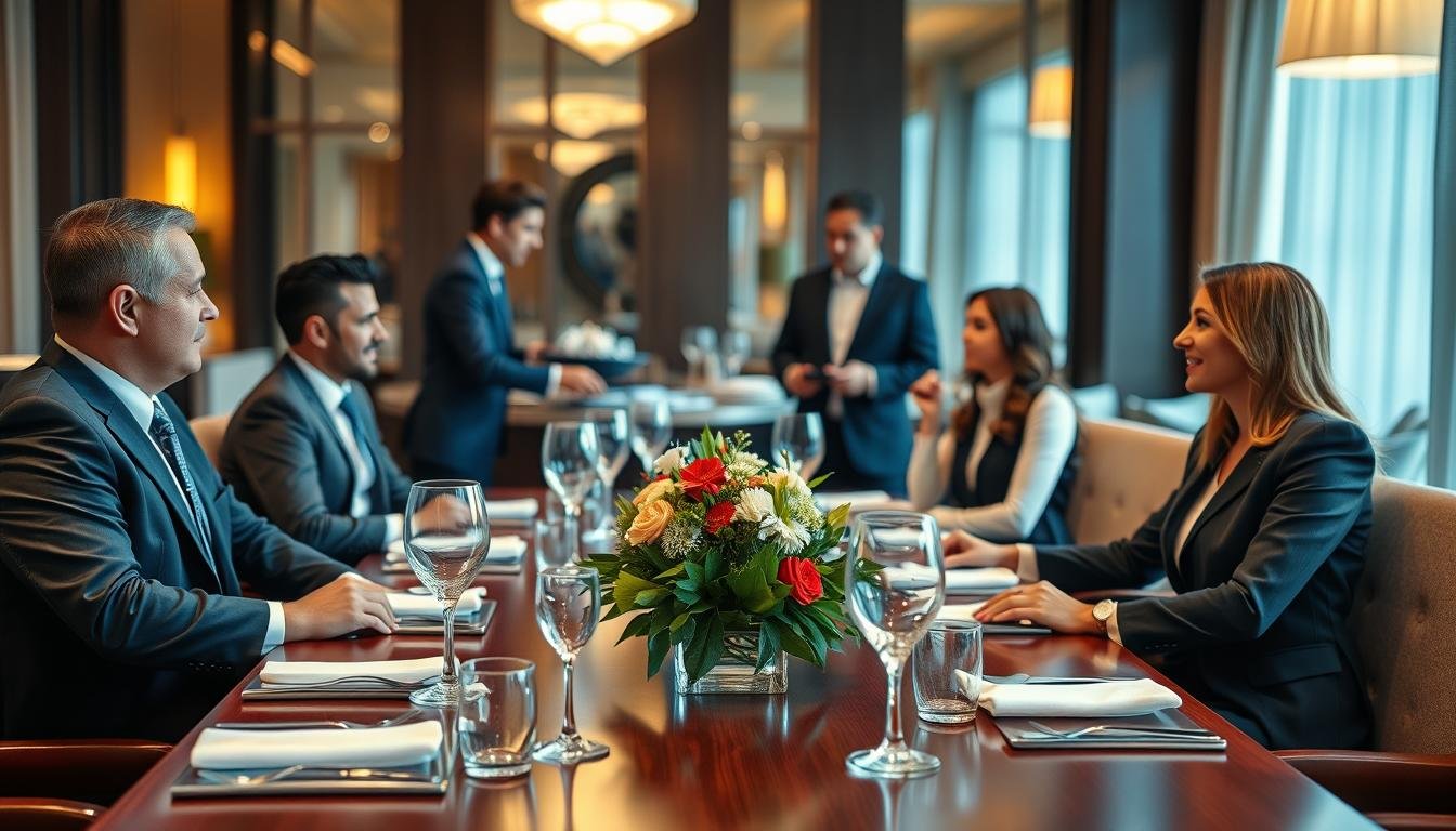 A sophisticated hotel dining setting, with a focus on a well-set table for a business meeting. In the foreground, a polished wooden table adorned with elegant dinnerware, crystal glasses, and a tasteful floral centerpiece. A diverse group of professionals in formal business attire—men in suits and women in tailored dresses—are engaged in conversation, displaying proper dining etiquette. Soft, warm lighting creates an inviting atmosphere, hinting at the luxurious surroundings of a high-end hotel restaurant. In the background, elegantly dressed waitstaff serve dishes, enhancing the sense of sophistication. The focal depth emphasizes the table and participants while blurring the background slightly, creating a refined ambiance suitable for a formal business gathering.