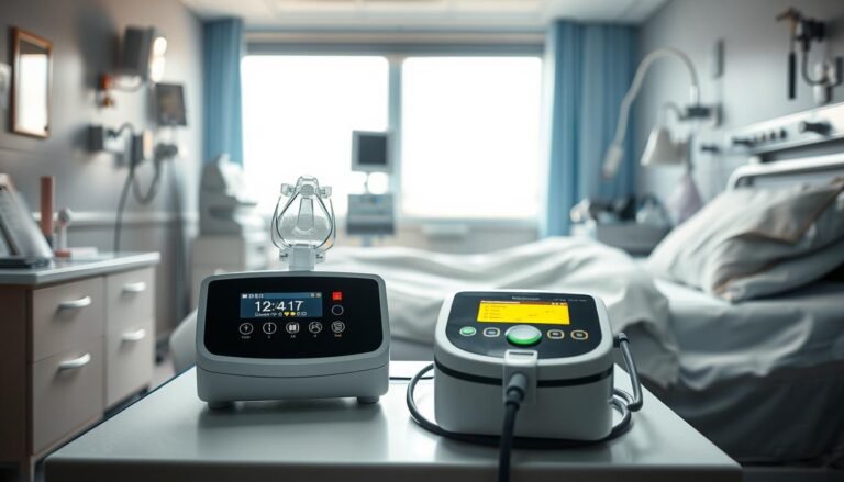 A detailed, realistic image of a modern sleep apnea machine prominently displayed on a clean, professional bedside table in a softly lit hospital room. In the foreground, the machine features an illuminated control panel with buttons and a clear face mask attached, demonstrating its use. The middle ground showcases a neatly made hospital bed with crisp white linens, while a gentle light filters in through a window, casting a warm glow. In the background, medical equipment and charts are organized, ensuring a clinical yet comforting atmosphere. Include an inviting ambiance with a focus on the machine, highlighting its importance in patient care within the public healthcare system. The image conveys a sense of calm and professionalism, perfect for illustrating medical arrangements.