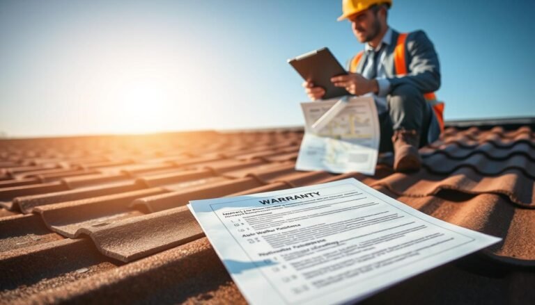 A professional-looking flat roofing installation scene showcasing various roofing sheets in different colors and textures. In the foreground, a close-up of a roofing sheet displaying detailed warranty documents resting on top, with small labels indicating different coverage options such as "Material Defects," "Workmanship," and "Weather Resistance." The middle ground features a construction worker in business attire, examining the roofing sheets with a tablet in hand, pointing towards a detailed diagram of warranty coverage on a clipboard. In the background, a clear blue sky serves as a backdrop, with the sun casting soft light, creating a bright and positive atmosphere. The composition is captured from a slight angle to provide depth, emphasizing the importance of warranty coverage in flat roofing.