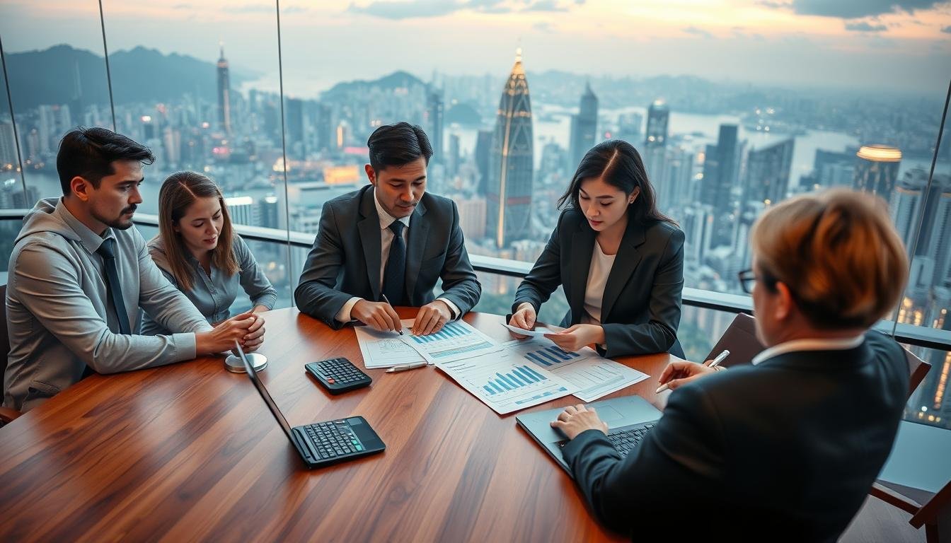 A visually striking image depicting the concept of "business expenses" related to starting a company in Hong Kong, specifically focusing on the theme of unlimited company registration. In the foreground, a diverse group of professional individuals dressed in smart business attire, including both men and women, analyzing financial documents and charts on a wooden conference table. In the middle ground, a detailed ledger and calculator alongside a laptop displaying graphs and budgets. In the background, a panoramic city view of Hong Kong with its iconic skyline subtly illuminated by soft evening light, creating a warm and professional atmosphere. The image conveys a sense of strategic planning and financial assessment, embodying the essence of evaluating costs in a corporate setting.