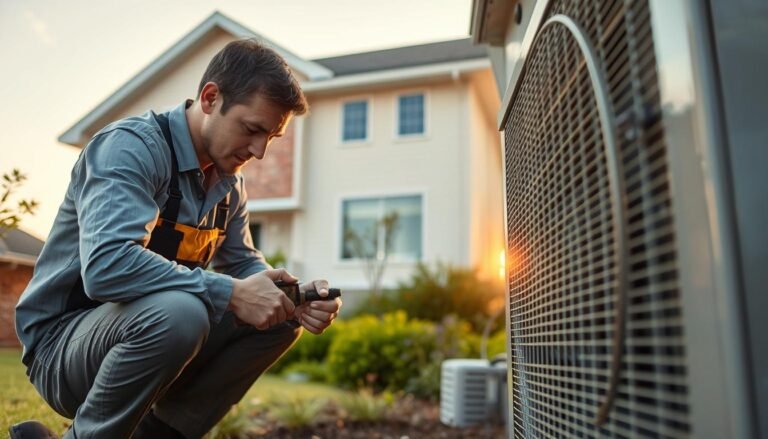 A detailed inspection scene of an air conditioning unit outdoors, focusing on a technician examining the exterior components for any signs of damage or wear. In the foreground, a skilled technician in professional attire is crouched next to the unit, using tools to check for leaks or corrosion. The middle ground features a residential building with clear sky and greenery, providing a calm and professional atmosphere. In the background, the sun sets, casting soft, warm lighting that enhances the focus on the technician's careful inspection work. The mood is diligent and meticulous, emphasizing professionalism and thoroughness in air conditioning maintenance checks.