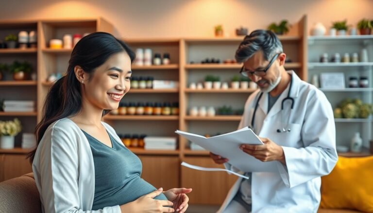 A harmonious blend of traditional Chinese medicine (TCM) and Western medicine in a tranquil healthcare setting. Foreground features a smiling pregnant woman in professional, modest attire consulting with a compassionate doctor of TCM, who is using acupuncture techniques, a gentle focus on wellness and balance. In the middle, a Western doctor with a stethoscope is reviewing health charts, symbolizing collaboration and shared knowledge. In the background, shelves of herbal remedies and modern medical equipment reflect the integration of both practices. Soft, warm lighting illuminates the scene, creating a serene atmosphere that promotes holistic health. The image captures a moment of partnership in care, emphasizing a dual approach to pregnancy wellness without any text or distractions.