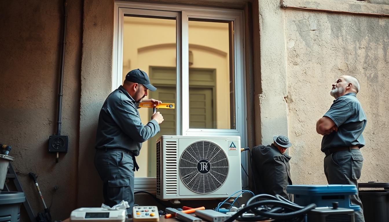 A professional air conditioning installation scene showcasing a proficient team of technicians working in an older building. In the foreground, two technicians in modest work uniforms are carefully assessing a window frame, using a level tool to ensure proper alignment. The middle ground features a partially installed air conditioning unit, with tools and equipment neatly arranged around them. The background displays an older building’s exterior, highlighting worn walls and classic architecture, under natural daylight. The atmosphere conveys an air of diligence and expertise, with soft shadows enhancing the scene's depth and clarity. The image is framed from a slightly lower angle to emphasize the technicians' focus and convey a sense of action and professionalism.
