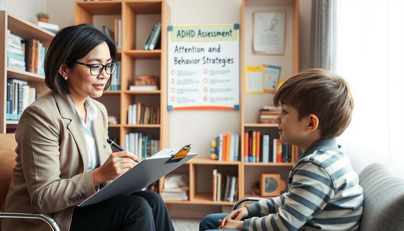A professional psychiatrist conducting an ADHD assessment with a school-aged child in a cozy, well-lit office setting. The foreground features the psychiatrist, a middle-aged Asian woman in business attire, attentively using a clipboard and pen while sitting across from the child. The child, a Caucasian boy, appears engaged, seated comfortably. In the middle ground, a colorful wall poster about attention and behavior strategies brightens the room. The background shows bookshelves adorned with psychology references and playful educational posters. Soft, natural light filters through a window, creating a welcoming atmosphere. The shot captures the warmth and professionalism of the interaction, emphasizing the supportive environment for the assessment process.