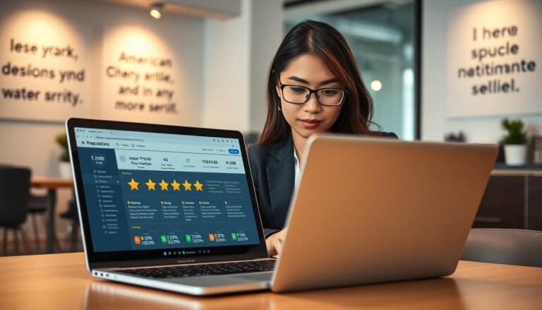 A professional workspace scene depicting a person in business attire analyzing a digital reputation assessment tool for American proxy purchasing companies. In the foreground, a laptop with a colorful, user-friendly interface displaying ratings and reviews. The middle layer features a focused individual, a diverse Asian woman, engaged in assessing credibility, with charts and graphs in soft-focus behind her. The background shows a modern office environment with warm lighting, sleek furniture, and inspirational quotes on the walls. The overall mood is analytical and trustworthy, conveying professionalism and diligence in evaluating service quality. Use a high-quality lens with soft focus to highlight the subject, ensuring a clear view of the digital tool interface while maintaining an inviting atmosphere.