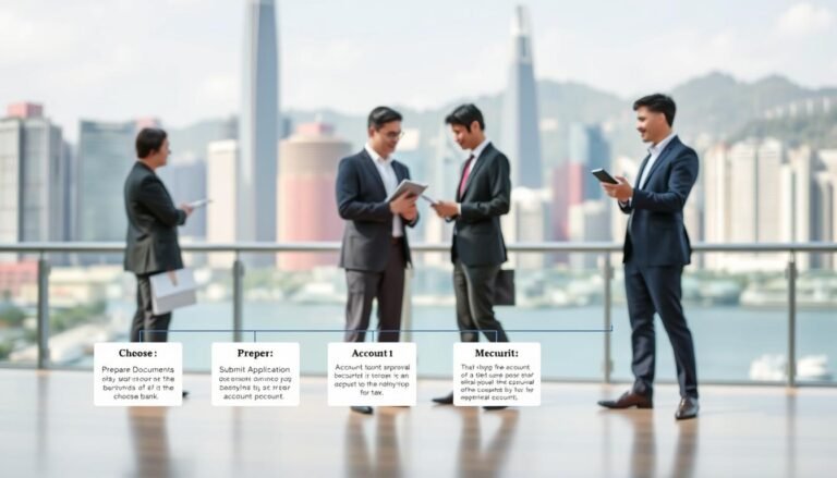A detailed flowchart illustrating the bank account opening process for a new company in Hong Kong. In the foreground, include clear, labeled steps such as "Choose Bank", "Prepare Documents", "Submit Application", "Account Approval", and "Maintain Account". In the middle, depict professional individuals, dressed in business attire, discussing and analyzing the steps with digital devices in hand. The background should feature a modern Hong Kong skyline with skyscrapers and financial institutions, providing context to the scene. Use bright, clean lighting to convey a professional atmosphere, with a slight depth of field for focus on the flowchart. The overall mood should be informative and engaging, suitable for an article on business procedures.