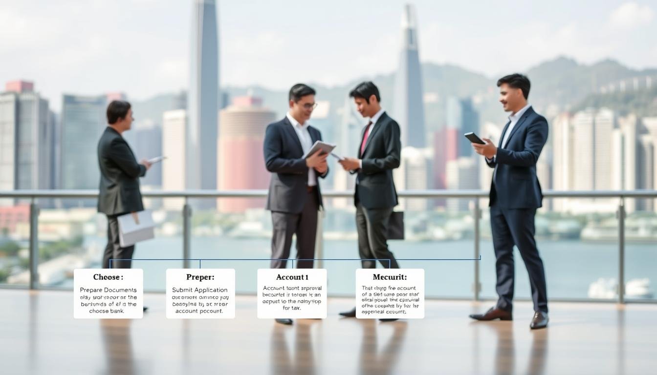 A detailed flowchart illustrating the bank account opening process for a new company in Hong Kong. In the foreground, include clear, labeled steps such as "Choose Bank", "Prepare Documents", "Submit Application", "Account Approval", and "Maintain Account". In the middle, depict professional individuals, dressed in business attire, discussing and analyzing the steps with digital devices in hand. The background should feature a modern Hong Kong skyline with skyscrapers and financial institutions, providing context to the scene. Use bright, clean lighting to convey a professional atmosphere, with a slight depth of field for focus on the flowchart. The overall mood should be informative and engaging, suitable for an article on business procedures.