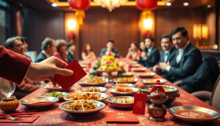 A visually engaging scene depicting a traditional Chinese banquet setup, showcasing an elegant table adorned with red envelopes (红包) and decorative items symbolizing festivity. In the foreground, a hand is seen placing a red envelope onto the table, representing the act of gifting. The middle ground features an array of beautifully arranged dishes, with traditional motifs of prosperity and auspicious symbols. The background shows a subtly blurred gathering of well-dressed attendees in business attire, enjoying the banquet, set against a warm ambient light that enhances the celebratory atmosphere. The overall mood should feel respectful and joyous, capturing the essence of sharing and tradition during a festive occasion. Soft, diffused lighting creates a refined and inviting ambiance, highlighting the significance of red envelopes in the celebration.