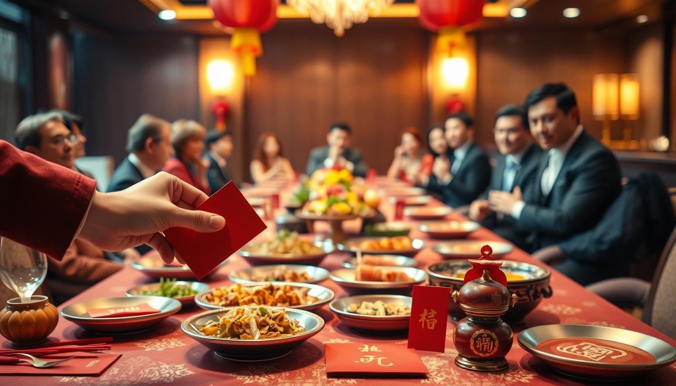A visually engaging scene depicting a traditional Chinese banquet setup, showcasing an elegant table adorned with red envelopes (红包) and decorative items symbolizing festivity. In the foreground, a hand is seen placing a red envelope onto the table, representing the act of gifting. The middle ground features an array of beautifully arranged dishes, with traditional motifs of prosperity and auspicious symbols. The background shows a subtly blurred gathering of well-dressed attendees in business attire, enjoying the banquet, set against a warm ambient light that enhances the celebratory atmosphere. The overall mood should feel respectful and joyous, capturing the essence of sharing and tradition during a festive occasion. Soft, diffused lighting creates a refined and inviting ambiance, highlighting the significance of red envelopes in the celebration.